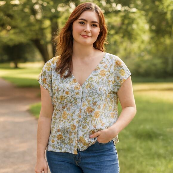 Cynthia Rowley Tops - Cynthia Rowley linen floral top size Large V neck Button Down